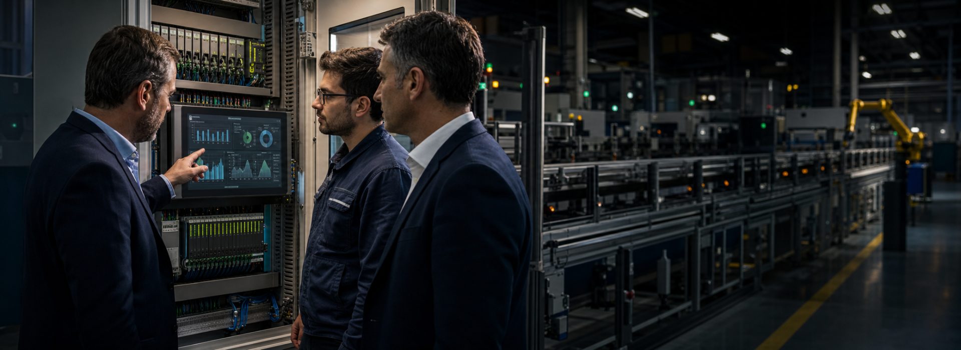 PLC otomasyon panosu yanında üretim verilerini inceleyen fabrika ekibi