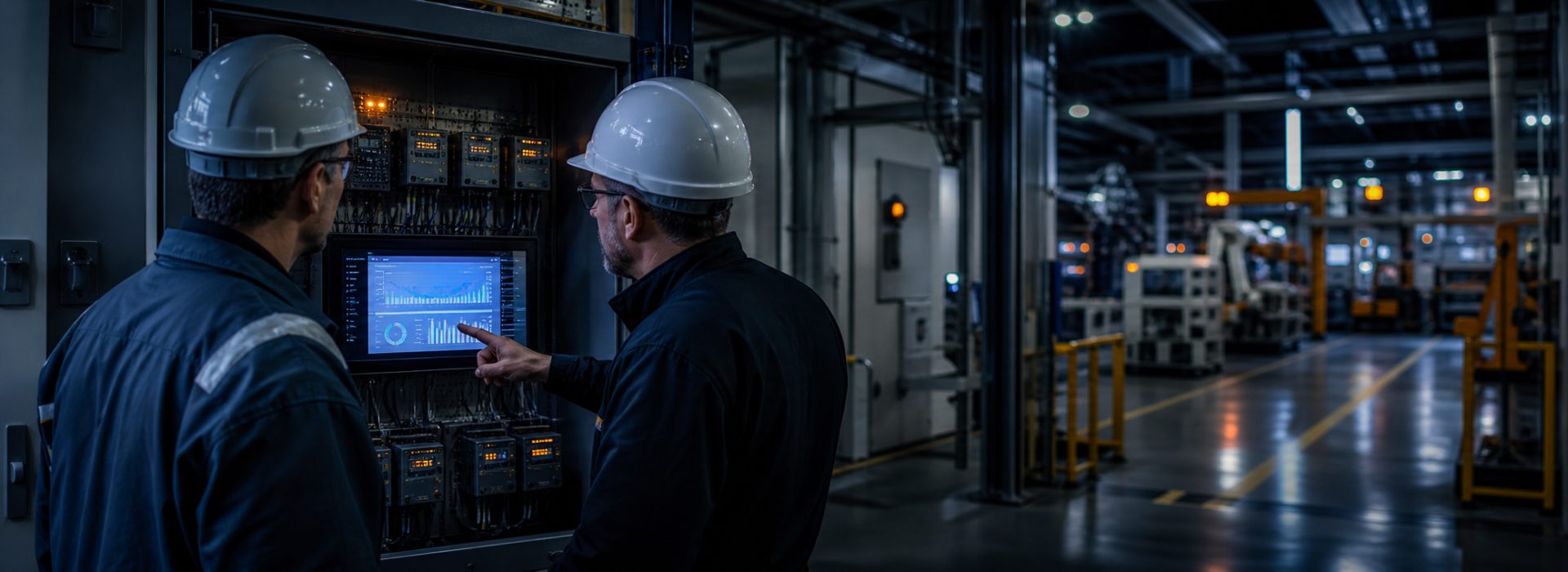 Fabrika enerji izleme panosu ve tüketim verilerini değerlendiren mühendisler