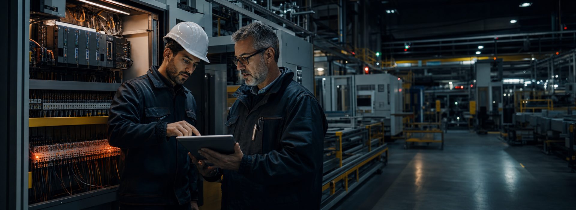 Plansız fabrika duruşunda açık elektrik panosunu inceleyen teknik ekip