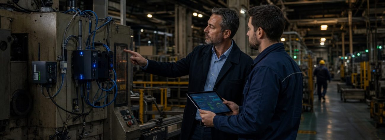 Eski üretim makinesini IIoT veri toplama sistemiyle izleyen otomasyon ekibi