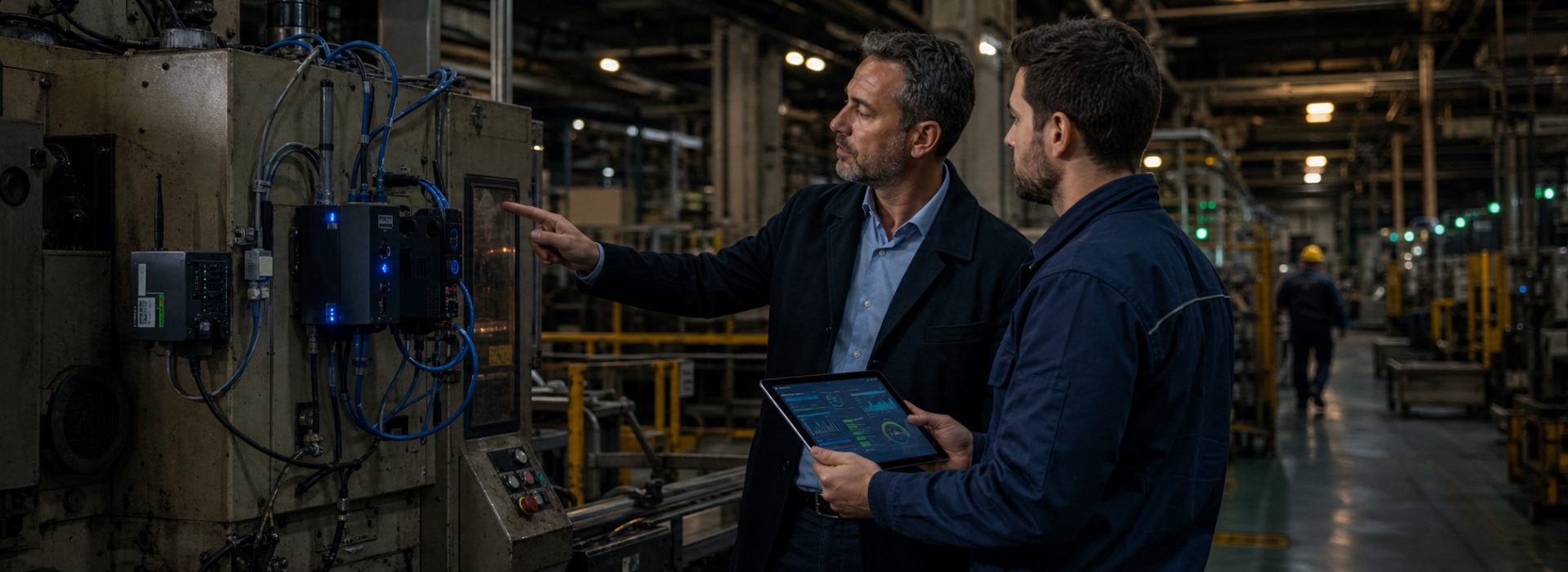 Eski üretim makinesini IIoT veri toplama sistemiyle izleyen otomasyon ekibi
