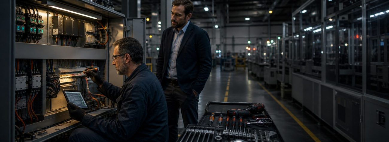 Planlı makine bakımında açık kontrol panelini inceleyen servis teknisyeni