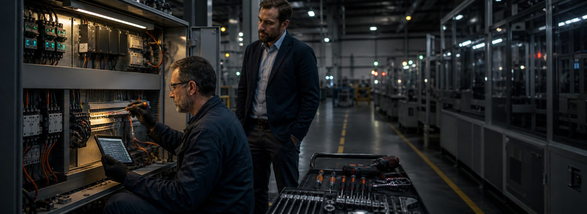 Planlı makine bakımında açık kontrol panelini inceleyen servis teknisyeni